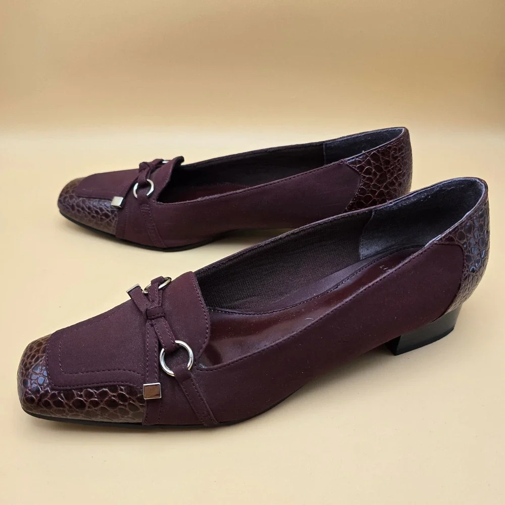 LifeStride Lure Burgundy Faux Croc Square Toe Low Block Heel Pumps Mens 8N